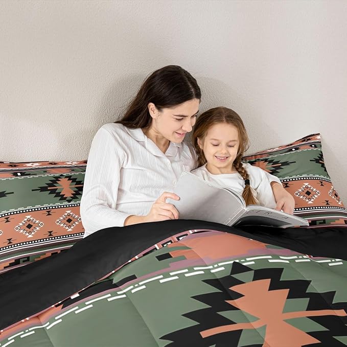 Erosebridal Southwestern Comforter Set Twin Bohemian Geometric Quilt,Ethnic Tribal Arrow Bedding Set Western Duvet Insert,Country Decor Western Room Decor for Bedroom Green Brown