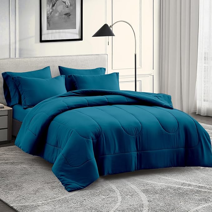 Maple&Stone Queen Size Comforter Set 7 Pieces Bed in a Bag - Down Alternative Bed Set with Sheets, Pillowcases & Shams, Soft Reversible Duvet Insert for Queen Bed, Teal