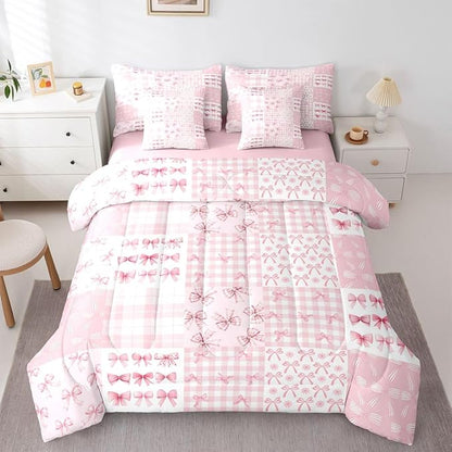 Feelyou Pink Bow Comforter Set with Sheets 7 Piece King Size Princess Bow Bed in a Bag Kids Boys Girls Cute Bowknot Bedding Set Kawaii Bedroom Decor Breathable Soft Lightweight Microfiber
