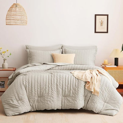 CozyLux Twin Comforter Set with Sheets Seersucker 5 Pieces, Beige Bed in a Bag for Bedroom, Textured Luxury Soft Bedding Set with Down Alternative Comforter, Sheets, Pillowcase & Sham for All Seasons