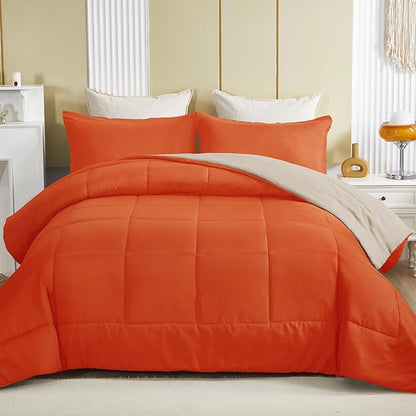 Exclusivo Mezcla Lightweight Summer Reversible Twin Size Comforter Set, Down Alternative Comforter with 1 Pillow Sham, Twin Size Bedding Set for All Seasons, Burnt Orange/Brich Beige
