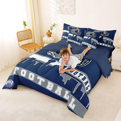 Erosebridal Football City 7 Pcs Comforter Set King Football Bedding for Boys Girls Blue Rugby Game Sheet Set Bed in A Bag Football Fans Bedroom Decor Sports Ball Competition Bed Set