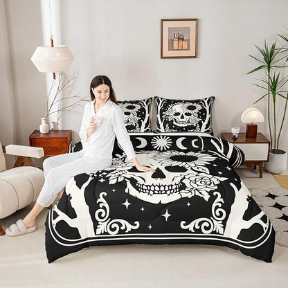 Erosebridal Halloween Skeleton Toddler Comforter Set, Gothic Skull Bedding Set, Skull Floral Comforter for Kids Boys Girls Teens Women Men Vintage Halloween Decor, Sun and Moon Black Goth Quilt
