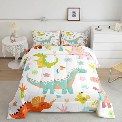 jejeloiu Kids Cartoon Dinosaur Bedding Set Toddle Size Cute Dinosaur Comforter Set for Boys Girls Teens Cute Flower Duvet Set Animal Quilt Set 2Pcs