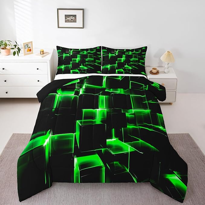Erosebridal Honeycomb Bedding Set Twin Size, 3D Modern Abstract Square Grid Comforter for Kids Girls Boys Green Neon Light Geometric Print Bed Set Bedroom Decor, 2 Pieces