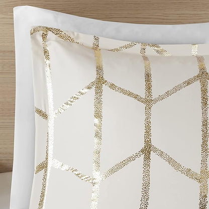 Intelligent Design Raina King/Cal King Comforter Set, Soft Microfiber, Modern Geometric Metallic Bed Set, 5 Pieces College Bedding with 2 Shams, 2 Toss Pillows Ivory/Gold