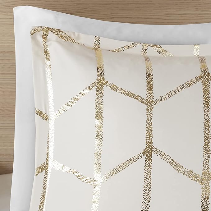 Intelligent Design Raina Full/Queen Comforter Set, Soft Microfiber, Modern Geometric Metallic Bed Set, 5 Pieces College Bedding with 2 Shams, 2 Toss Pillows Ivory/Gold