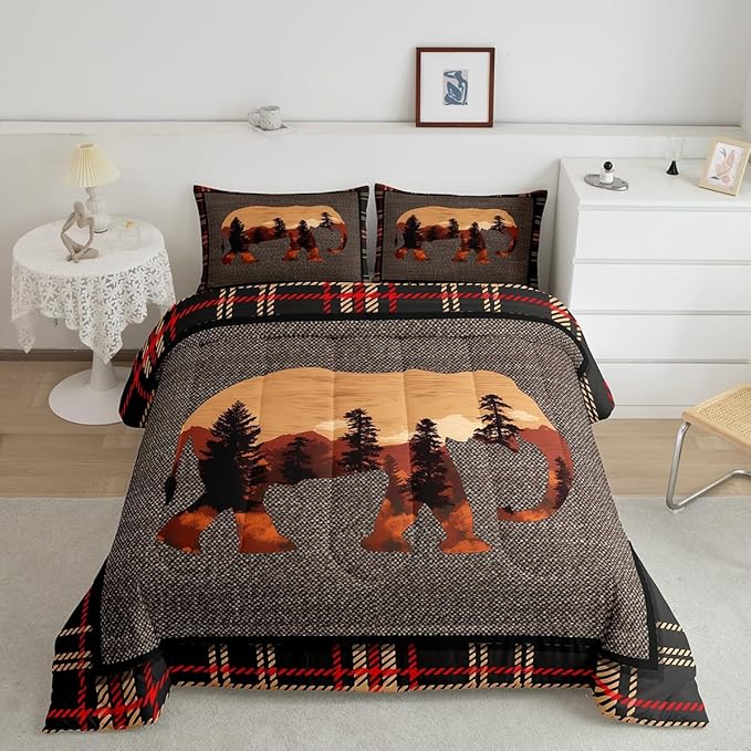 Erosebridal Elephant Comforter Set - Twin, Country Western Farmhouse Bedding Set for Teens, Kids, Boys & Girls - Nature Wild Animals Bedding - Orange Grey Plaid Checkered Down Comforter, 2Pcs