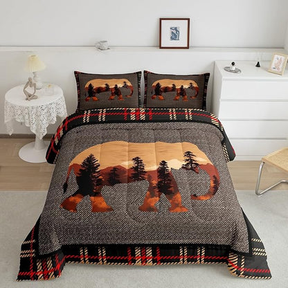 Erosebridal Elephant Comforter Set - Twin, Country Western Farmhouse Bedding Set for Teens, Kids, Boys & Girls - Nature Wild Animals Bedding - Orange Grey Plaid Checkered Down Comforter, 2Pcs