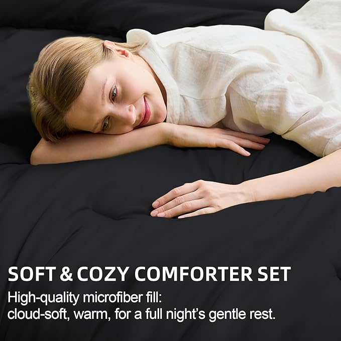 FUANNA Queen Comforter Set Black, 7 Pieces Soft Bedding Sets Queen Size, All Season Lightweight Bed in a Bag with Comforter, Flat Sheet, Fitted Sheet, Pillowcases & Shams