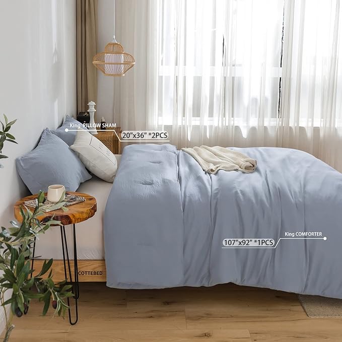 COTTEBED Solid King Bedding Comforter Sets - Super Soft Fully Thin Lightweight Washed Cotton Microfiber - 1 Bed Blanket Down Comforter and 2 Pillow Shams Set (King/California King,Light Dusty Blue)