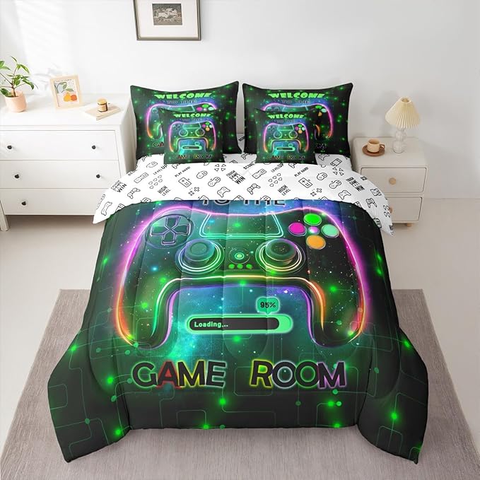 jejeloiu Cool Gamer 7 Piece Bedding Set King Size for Boys 3D Gaming Comforter Set with Sheets Kids Teens Bright Green Bed in a Bag Modern Game Console Bed Set