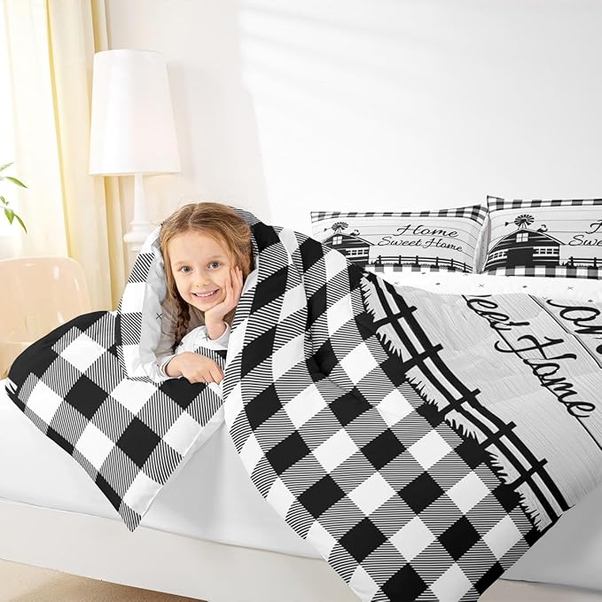 Rustic Cabin Comforter Set Full Country Farmhouse Bedding Set Black White Buffalo Plaid Check Bedding Comforter Sets For Kids Boys Girls Farm Animal Windmill Quilt Set Western Decor 2 Pillow Cases