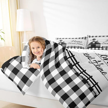 Rustic Cabin Comforter Set Full Country Farmhouse Bedding Set Black White Buffalo Plaid Check Bedding Comforter Sets For Kids Boys Girls Farm Animal Windmill Quilt Set Western Decor 2 Pillow Cases