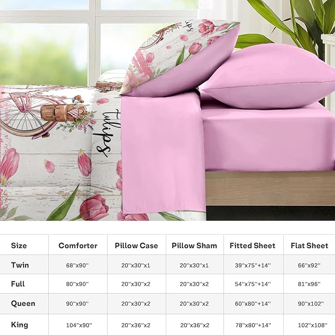 Nesker 7 Pcs Spring Comforter Set Full Size, Pink Tulips Bicycle Bedding Set for Kids and Adults, Farmhouse Bed Sheet Sets with Fitted Sheet 2 Pillowcases & 2 Shams