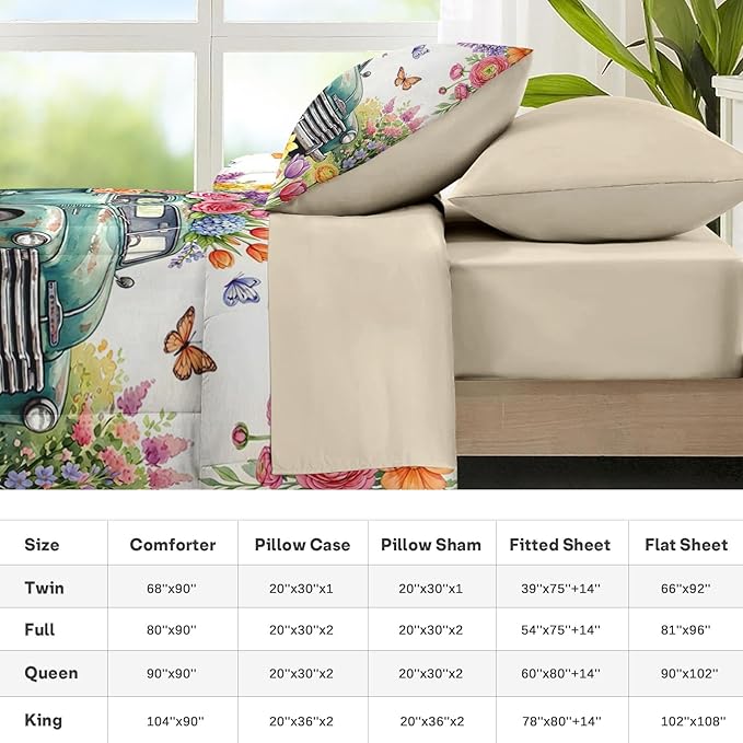 Nesker 5 Pcs Spring Comforter Set Twin Size, Truck Flowers Butterfly Farmhouse Roses Bedding Set for Kids and Adults, Truck Bed Sheet Sets with Fitted Sheet Pillowcase & Sham