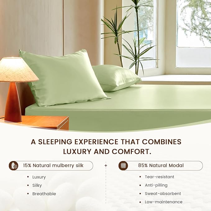 THXSILK Luxury Mulberry Silk Fitted Sheet Set 3 Pcs, Full Silk Bed Sheet Set with 16" Deep Pockets, Soft & Cooling Sheets, 1 Fitted Sheet, 2 Pillowcases with Zipper Closure - Mint Green
