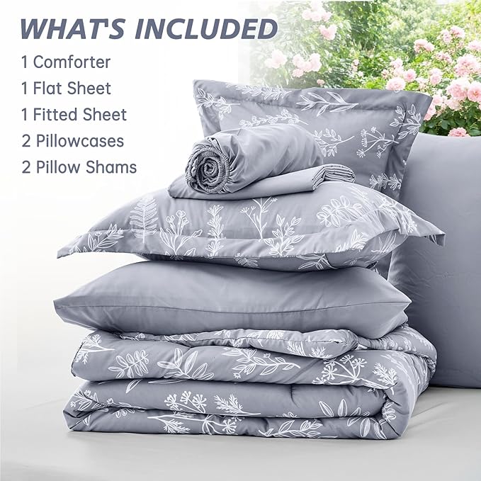 MUXHOMO Light Grey Full Comforter Set, Elegant Floral Print Bed in a Bag 7 Pieces, Ultra Soft & Breathable Reversible Botanical Pattern Bedding Set with Comforter, Sheets, Pillowcases, and Shams