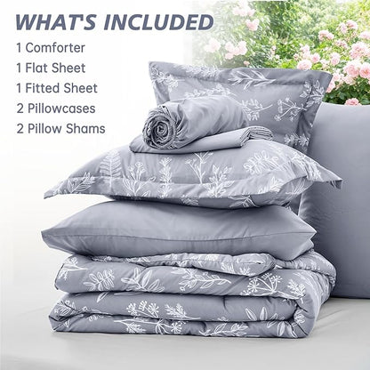 MUXHOMO Light Grey Full Comforter Set, Elegant Floral Print Bed in a Bag 7 Pieces, Ultra Soft & Breathable Reversible Botanical Pattern Bedding Set with Comforter, Sheets, Pillowcases, and Shams