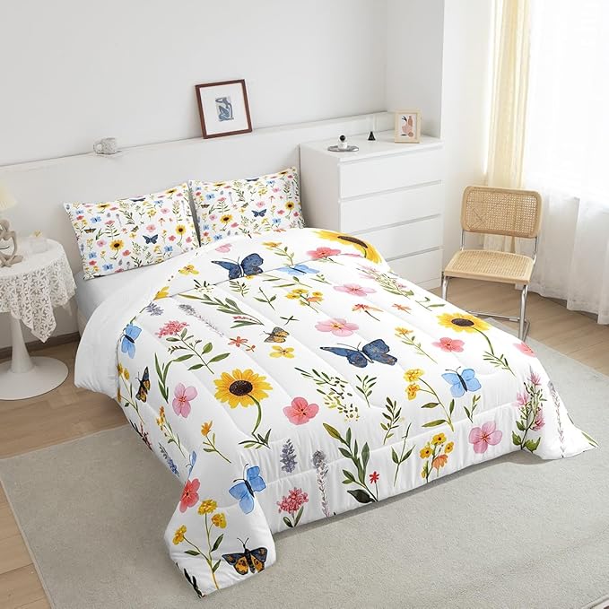 Manfei Wild Plants Comforter Set King Size, Colorful Flower Butterfly Quilt Set with 2 Pillowcases, Botanical Floral Bedding Set 3pcs for Kids Girls Bedroom Decor Lightweight Duvet Insert