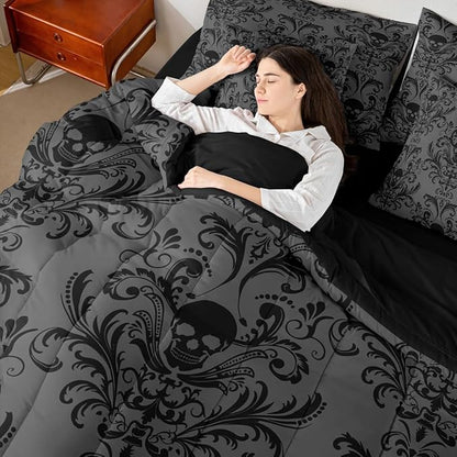 Erosebridal Gothic Damask Comforter Set 7 Piece Bed in a Bag Twin,Sugar Skull Bedding Sets Black Grey Victorian Floral Goth Sheet Set with Comforter