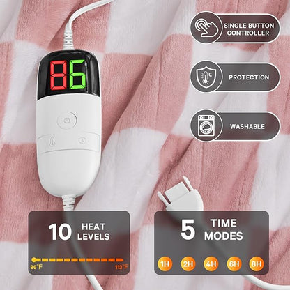 Light Pink Heated Blanket Electric Throw, 50X60 Heating Blanket with 10 Heat Levels & 8 Hours Auto Off for Lap, Checkered Plaid Soft Sherpa Blankets Warmer Gifts for Couch Grandma Women Adults