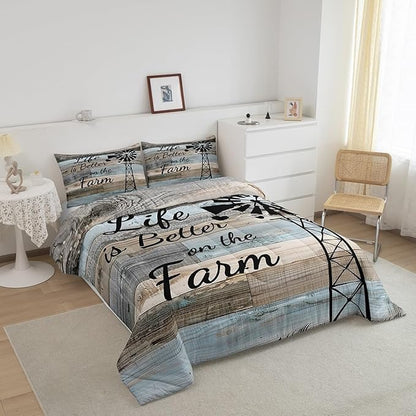 Country Farm Bedding Set Full For Kids Boys Girls,Windmill Silhouette Quilt Comforter Rustic Farmhouse Comforter Set Patchwork Blue Grey Brown Barn Door Duvet Insert Western Room Decor 2 Pillow Cases