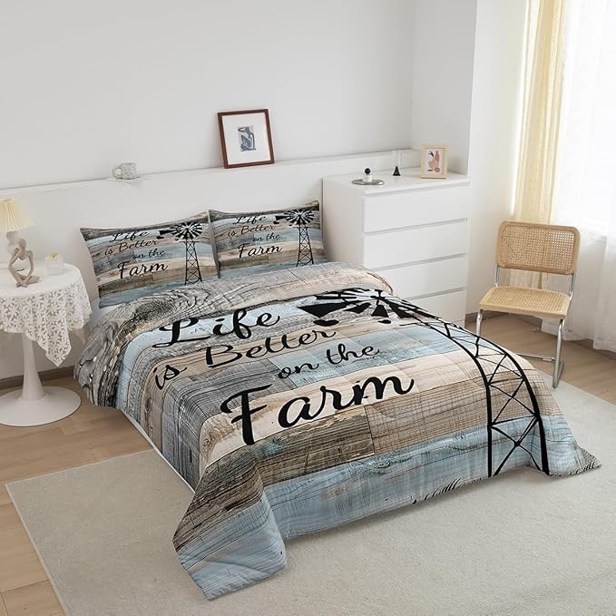 Country Farm Bedding Set Twin For Kids Boys Girls,Windmill Silhouette Quilt Comforter Rustic Farmhouse Comforter Set Patchwork Blue Grey Brown Barn Door Duvet Insert Western Room Decor 1 Pillow Case
