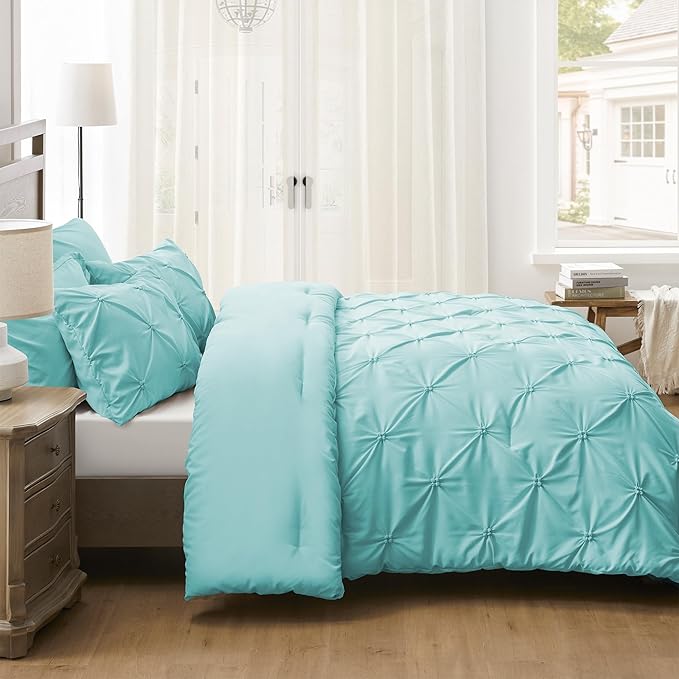 UNIKOME Queen Comforter Set Aqua Blue - Ultra Soft Boho Pintuck Down Alternative Bedding Set for All Seasons, 3 Pieces Lightweight Warm Pinch Pleat Bed Set with Comforter, 2 Pillowcases