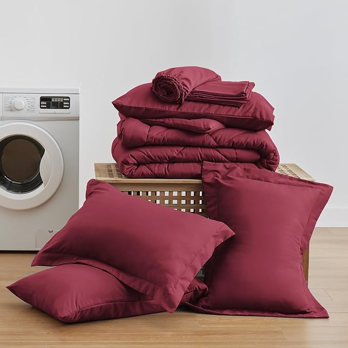 Love's cabin King Size Comforter Set Burgundy, 7 Pieces King Bed in a Bag, All Season Bedding Sets with 1 Comforter, 1 Flat Sheet, 1 Fitted Sheet, 2 Pillowcase and 2 Pillow Sham