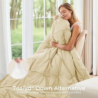 Sasttie Queen Comforter Set, 7-Piece Bed in a Bag, Pintuck Bedding Sets for All Season, Includes Comforter, Flat Sheet, Fitted Sheet, Pillowcases and Pillowshams, Pale Yellow
