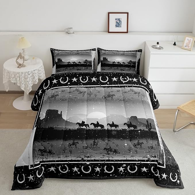 Feelyou Grey Western Decor Comforter King Size Wild Western Cowboy Comforter Set for Boys Girls Children Horse Setting Sun Glitter Bedding Set Room Decor Horseshoes West Texas Star Duvet Set 3Pcs