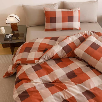KAREVER Gingham Checkered Comforter King Pumpkin Plaid Bedding Set Boys Girls Colorful Grid Cottagecore Blanket King