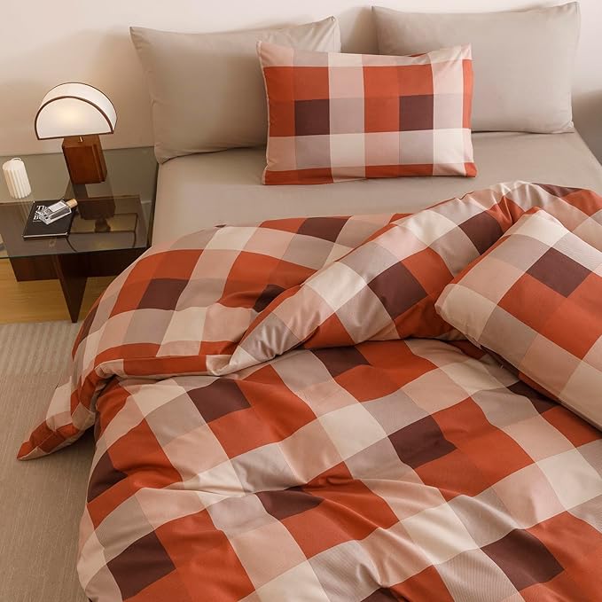 KAREVER Gingham Checkered Comforter Cal King Pumpkin Plaid Bedding Set Boys Girls Colorful Grid Cottagecore Blanket California King