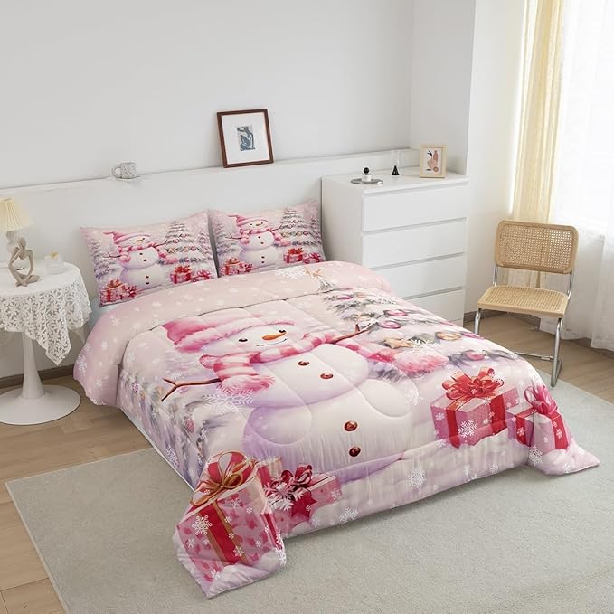 Castle Fairy Merry Christmas Bed Comforter Set Queen Size,Xmas Tree Gift Super Soft Microfiber Bedding Set for Adults Men,Pink Christmas Snowman Decorative Comforter Set,3 Pcs