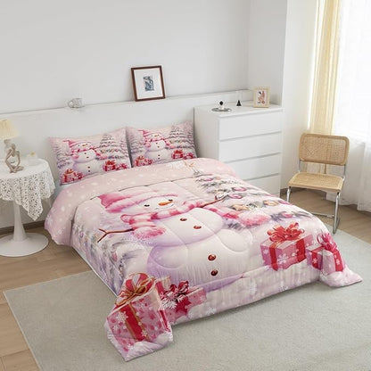 Xmas Tree Gift 3 Pcs Comforter/Duvet Set,Merry Christmas Ultra Soft Bed Collection,Pink Christmas Snowman Bedding for Room Decor 3 Pcs,Microfiber Breathable,King
