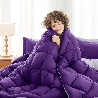 MUXHOMO 7 Pieces Oversized Queen Comforter Set, Reversible Bed in a Bag Oversized Queen Size, All Season Bedding Set with Comforter, Flat Sheet, Fitted Sheet, Pillowcases & Shams, Purple & Lavender
