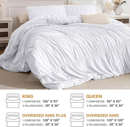 Masaca White Comforter Queen Size(90"x95"),Ruched Ruffle Lightweight Bed Set Ultra Soft Fluffy Textured Shabby Boho Chic Bedding 3-Piece (1 White Comforter+2 Pillow Shams)