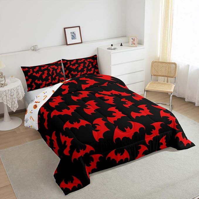 Erosebridal Red Bat King Bedding Set Halloween Bat Comforter Set Spooky Goth Gothic Animal Bed Collections Horror Halloween Duvet Quilt Sets for Kids Teens Adults