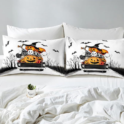 Erosebridal Halloween Decorations Comforter Set, Halloween Pumpkin Bedding Set Queen for Kids Boys Teens Men Gothic Room Decor, Fall Pumpkin Comforter, Black Bat Ghost Orange White Black Quilt
