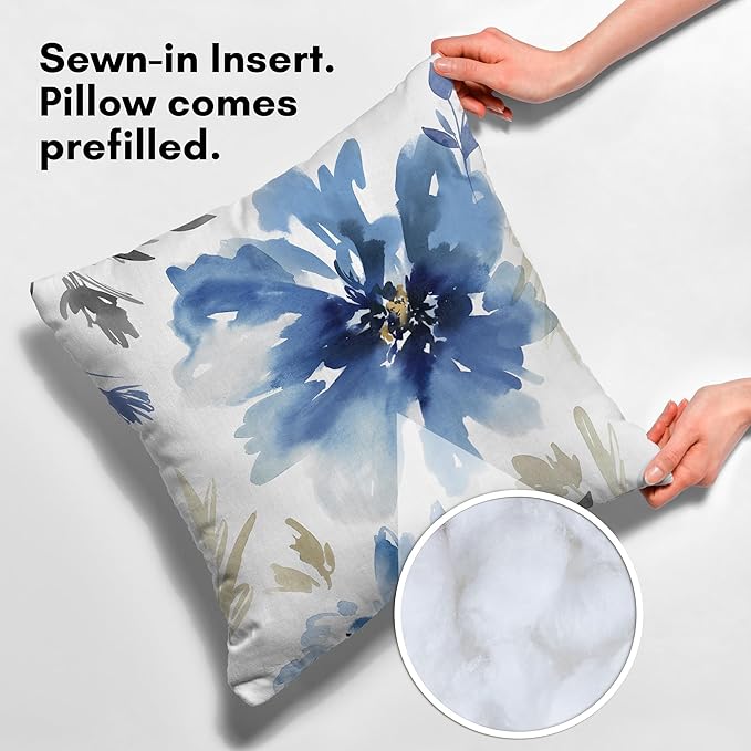 Americanflat 18x18 Throw Pillow with Sewn-in Insert - All-in-One Decorative Pillows - No Cover Needed - Soft and Durable Cushion for Bed or Sofa - Polyester - White and Indigo