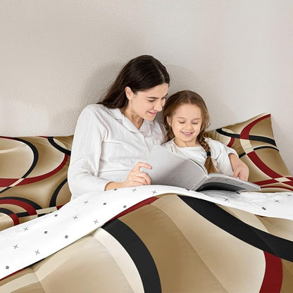 Castle Fairy Retro Circle Comforter Set Queen Size Red Brown Black Bedding Set for Kids Boys Girls Bedroom Decoration Stripe Line Art Bed Duvet Insert Geometric Modern Comforter with 2 Pillowcase