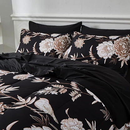 Yogeneg 7 Piece Bed in a Bag Queen Comforter Set Botanical Floral Bedding Set,Flower Leaves Brids Printed on Black Reversible Design,Soft Microfiber Comforter with Sheet Set,All Season(Black B,Queen)