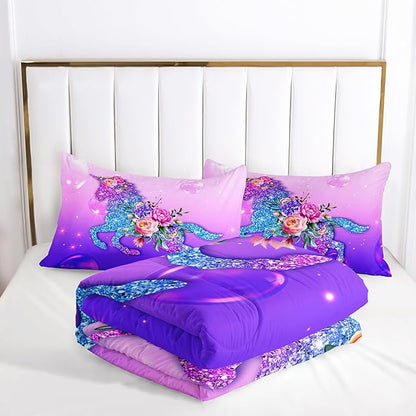 Violet Dreamy Unicorn Comforter Sets Full Size， Violet Dreamy Unicorn Bedding Sets for Kids,Flowers and Gradient Violet Comforter Sets All Season 1 Comforter and 2 Pillowcases