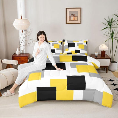 Castle Fairy Yellow Grey White Bedding Set for Boys Girls,Geometric Grid Square Splicing All Season Cozy Comforter Set Full Size,Modern Abstract Duvet Set Bedroom Decor,Personalized Birthday Gifts