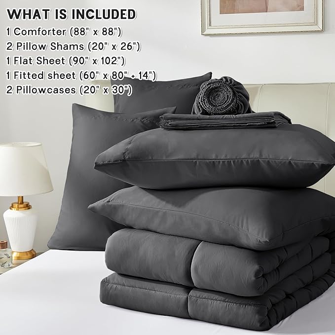 Anluoer Queen Size Bed in a Bag 7 Pieces, Dark Grey Bed Comforter Set with Sheets, All Season Bedding Sets with 1 Comforter,2 Pillow Shams,2 Pillowcases, 1 Flat Sheet,1 Fitted Sheet