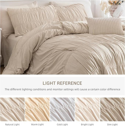 Lady Ann Queen Size Comforter Set 90"*90" - Wheat Ruched Boho Bedding Comforter Sets for Bedroom, 3 Piece Fluffy Bedroom Set with Pillow Shams Ultra Soft All Season Bed Sets for Women Men