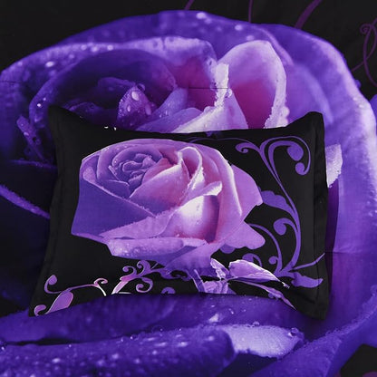 Xruibed Floral Comforter Set Queen 7 Piece Bed in a Bag Purple Rose Flower Comforter with Sheet Set Soft Micorfiber Bedding Set (1 Comforter,2 Pillow Shams,1 Flat Sheet,1 Fitted Sheet,2 Pillowcases)