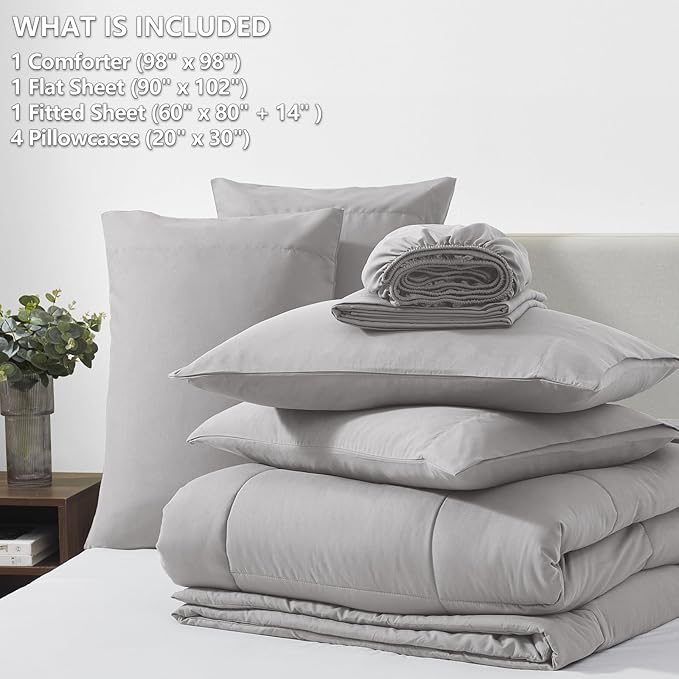 CozyLux Oversized Queen Comforter Sets French Grey, 7 Pieces Bed in a Bag, Ultra-Soft All Season Bedding Sets with Stitch Quilted Comforter, Flat Sheet, Fitted Sheet, Pillowcases, French Grey