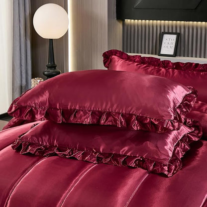 Silk Like Queen Comforter Satin Bedding 4 Pcs Hotel Soft Polyester Burgundy Bed Set Luxury Silky Body Pillow Cover Ruffle Home Decor
